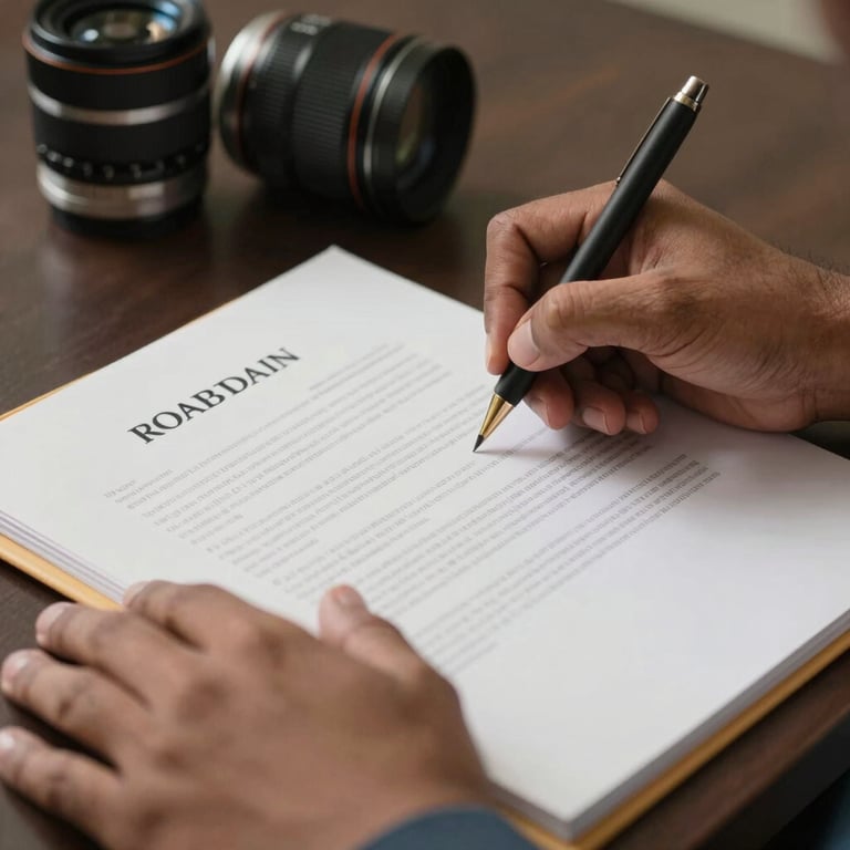 A close-up of a South Asian professional's hands signing an official financial document on a desk with a mint cream folder.