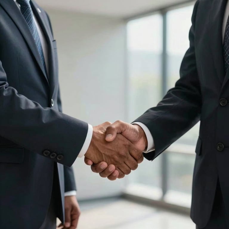 A handshake between two business professionals in a South Asian / Indian corporate environment, symbolizing a new partnership.
