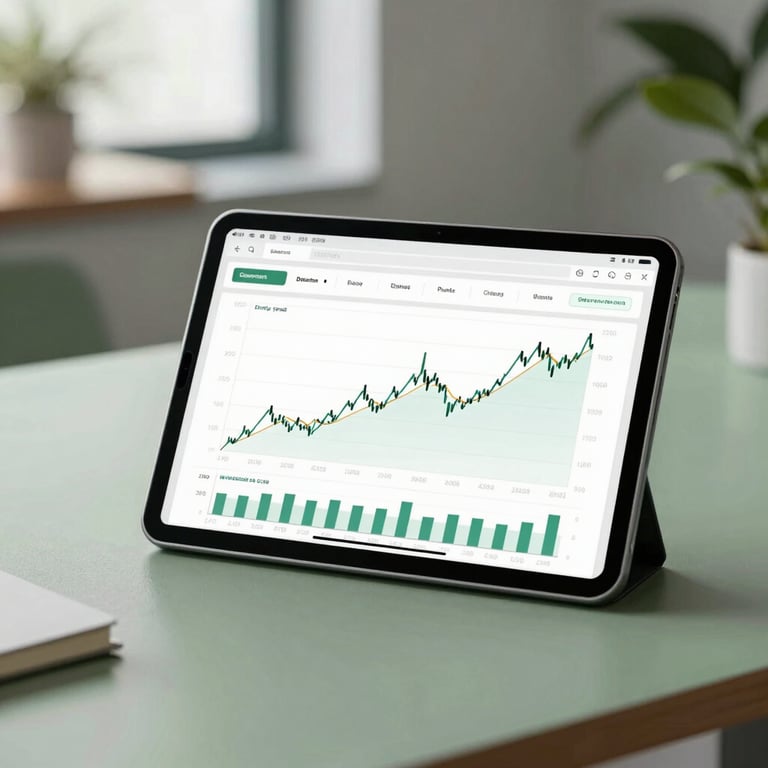 A digital tablet displaying clean, professional financial growth charts in a modern office with sage green decor.