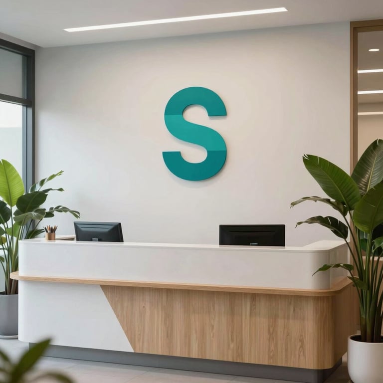 A modern South Asian / Indian office reception area with clean lines, green plants, and a professional teal-colored logo wall.