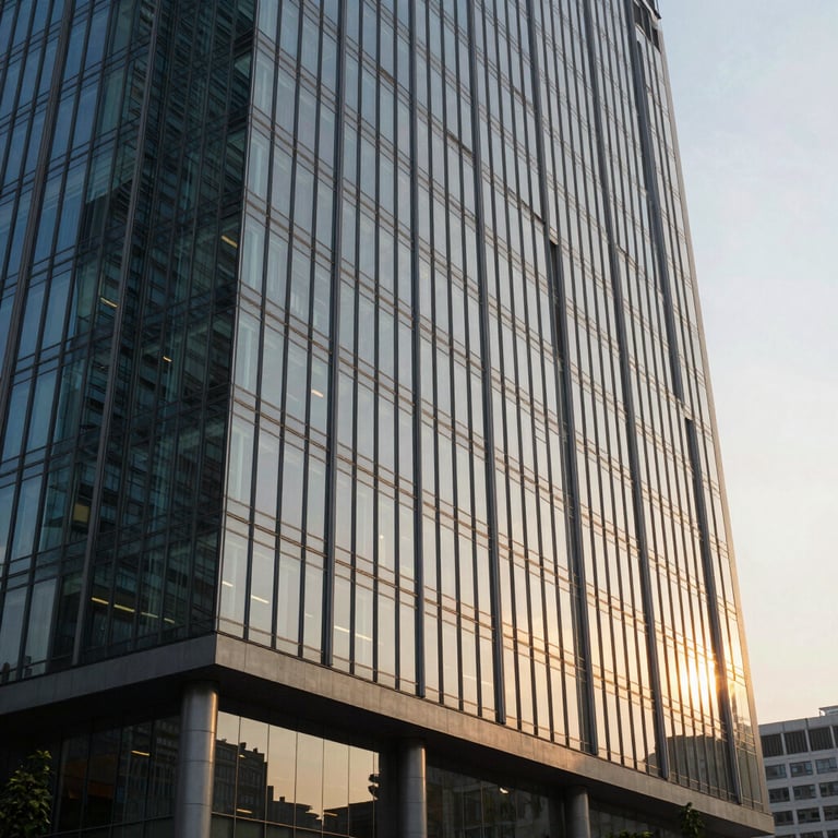 The sleek, glass-fronted exterior of a modern office building in a South Asian metropolitan area during the golden hour.