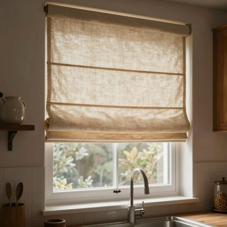 Photography of textured roman shades in a cozy and warm kitchen window.