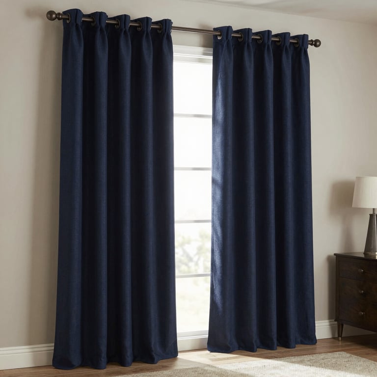 Photography of custom navy blackout curtains in a serene and elegant master suite.