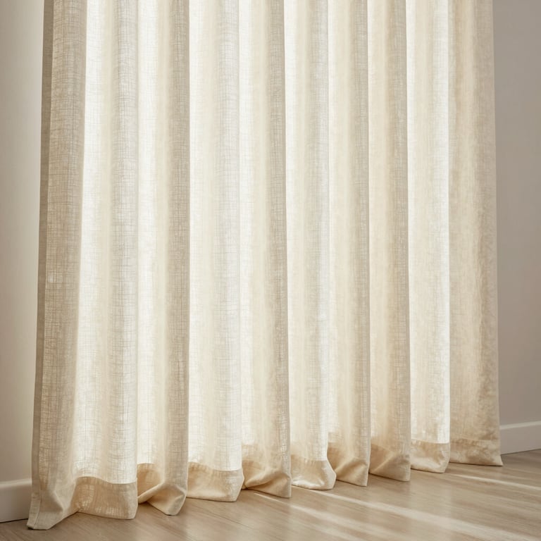 Photography of floor-to-ceiling cream linen drapes in a bright North American living room with soft lighting.