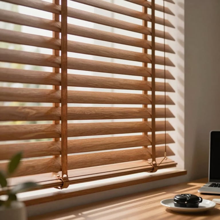 Photography of automated wood blinds in a modern North American home office setting.