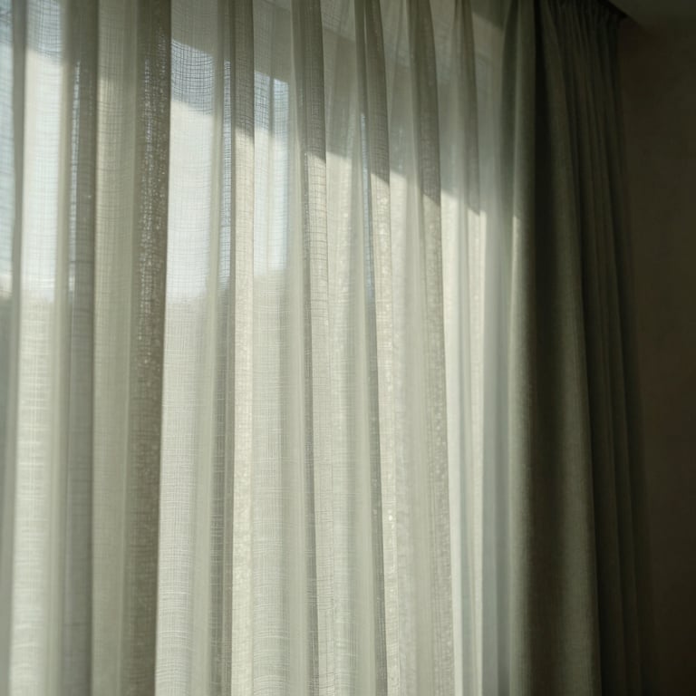 Photography of soft sage sheer curtains catching the afternoon sun in a refined space.