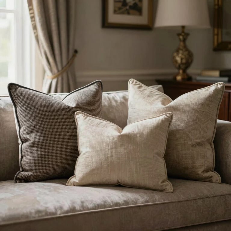 Photography of coordinated accent pillows and drapery in a sophisticated North American den.