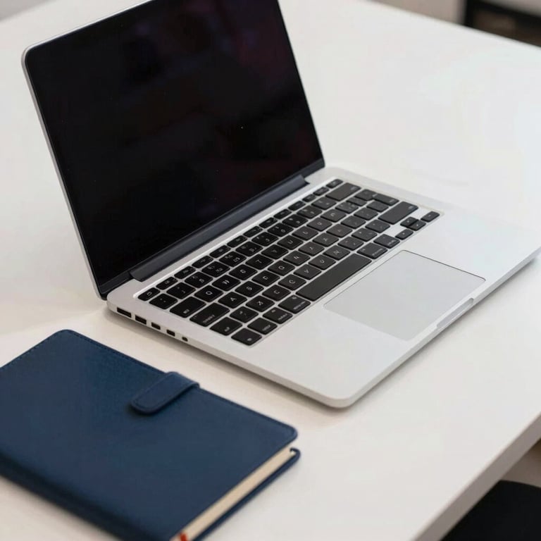 A sleek, modern laptop open on a white desk next to a professional notebook with a dark slate blue cover.