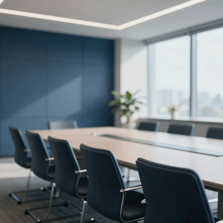 A group of diverse business professionals in a modern boardroom with soft blue-grey walls, engaged in a collaborative strategy meeting.