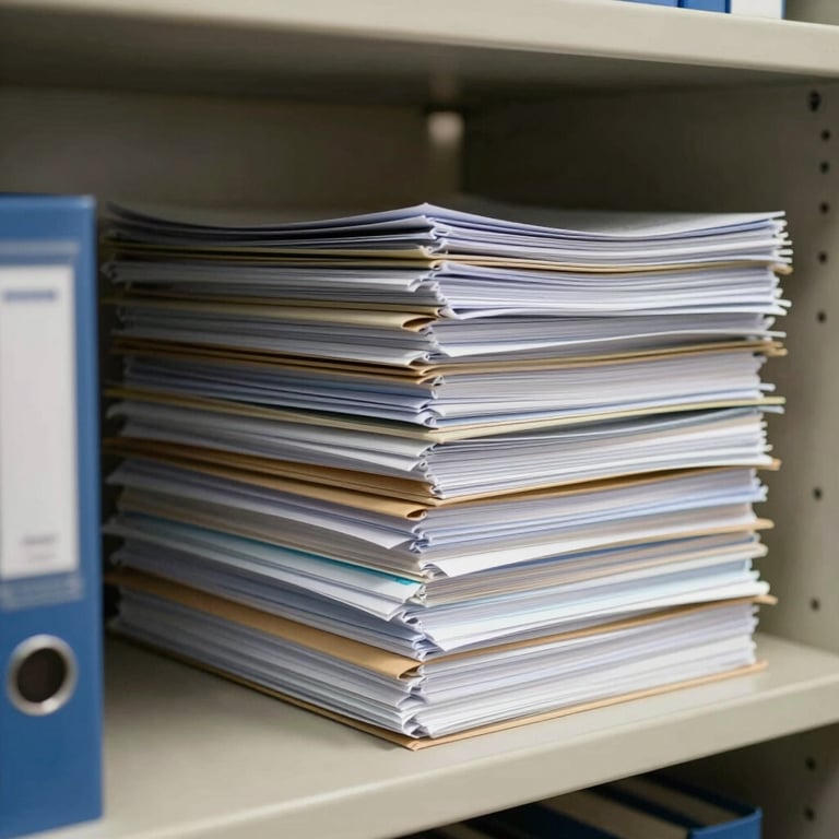 A stack of neatly organized compliance folders on a library shelf, illustrating document organization and business efficiency.