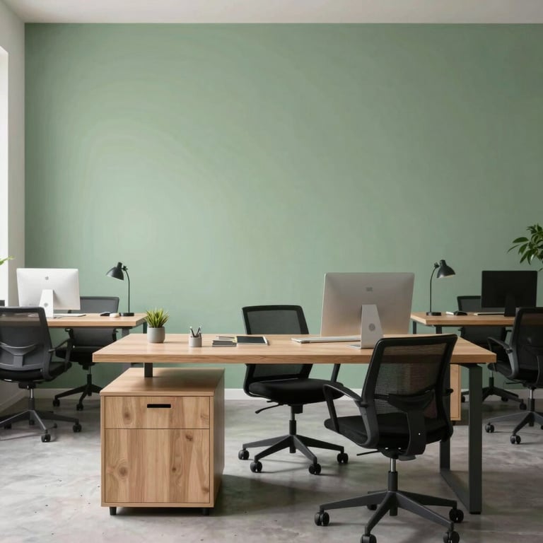 A bright and airy workspace featuring a sage green accent wall and minimalist modern office furniture.