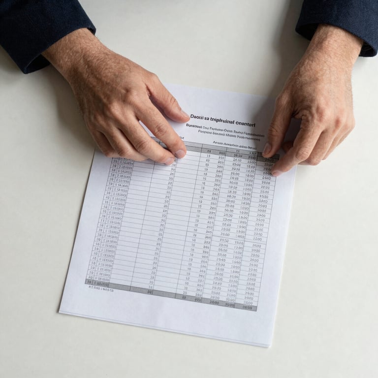 A top-down view of a person's hands reviewing a clear, organized payroll document on a clean off-white desk surface.