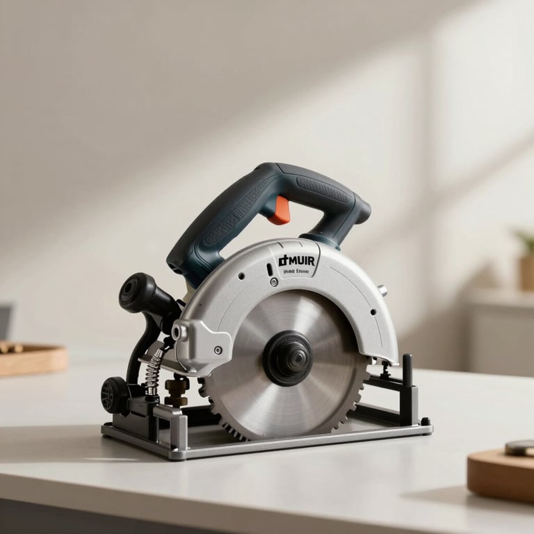 A high-end circular saw placed on a minimalist workbench, with a background of soft off-white and natural light.