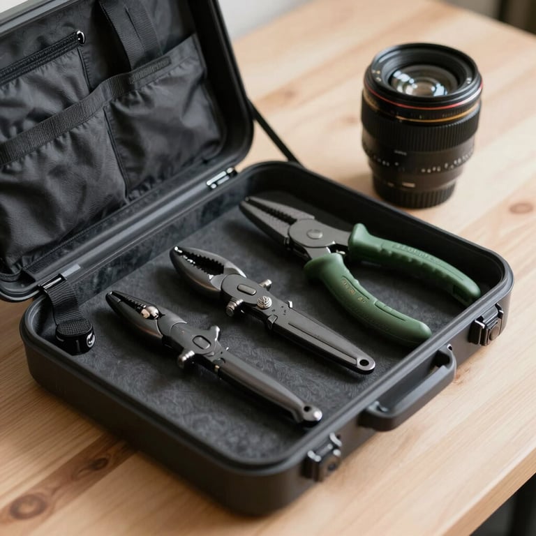 A professional toolkit open on a light wood table, featuring tools in deep charcoal and slate green tones.