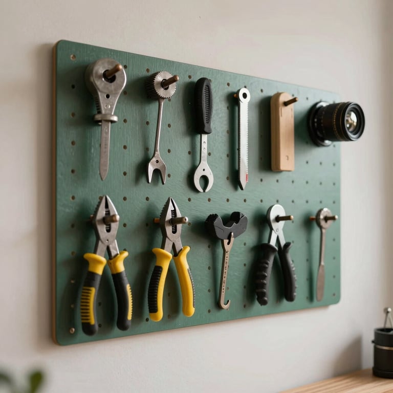 An organized DIY workspace with a slate green pegboard holding various hand tools against a soft off-white wall.