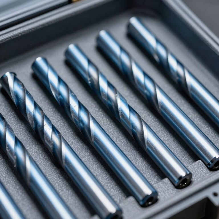 Macro shot of high-quality drill bits arranged neatly in a case with light silver blue metallic finishes.