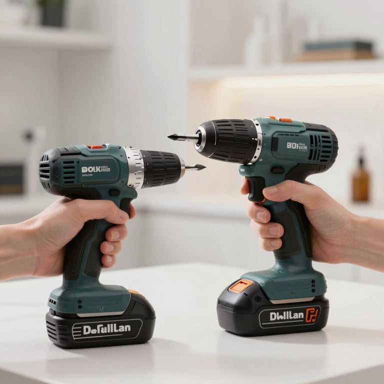 Photography of a person comparing two different cordless screwdrivers in a bright, modern studio with clean lines.