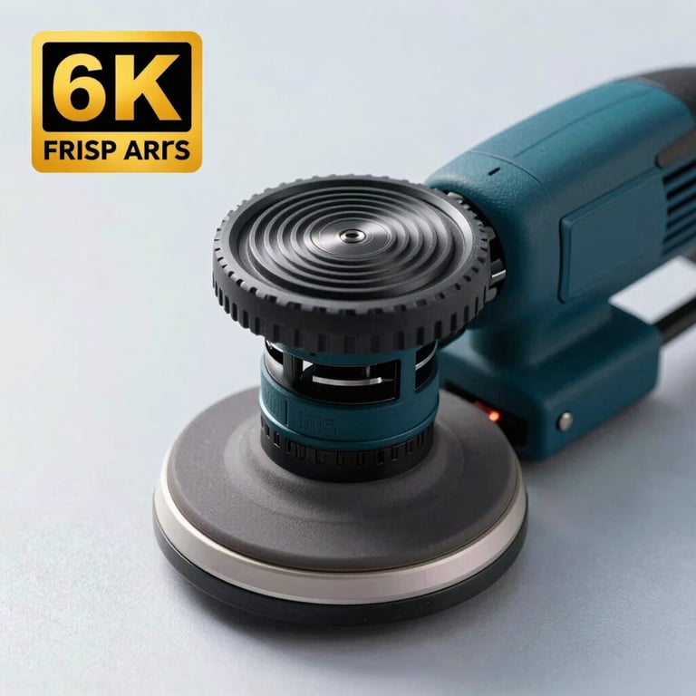 Close-up of a modern orbital sander on a clean, light silver blue surface with soft off-white lighting.