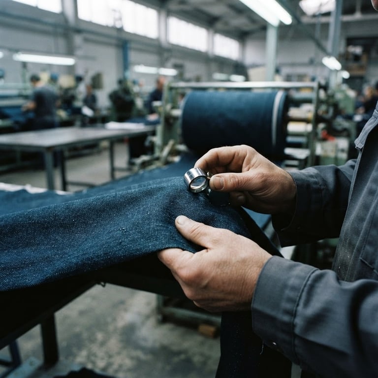 Close-up of hands inspecting denim fabric quality on a factory floor, cool industrial lighting, sharp detail, 35mm lens