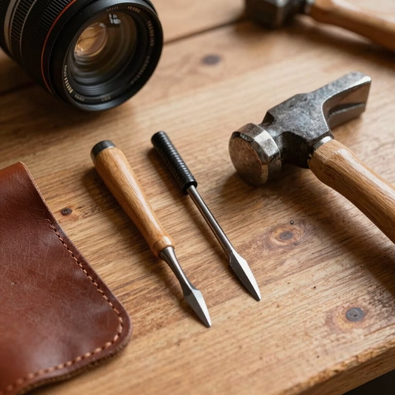 Close-up of specialized leather tools like an awl and hammer on a wooden bench.
