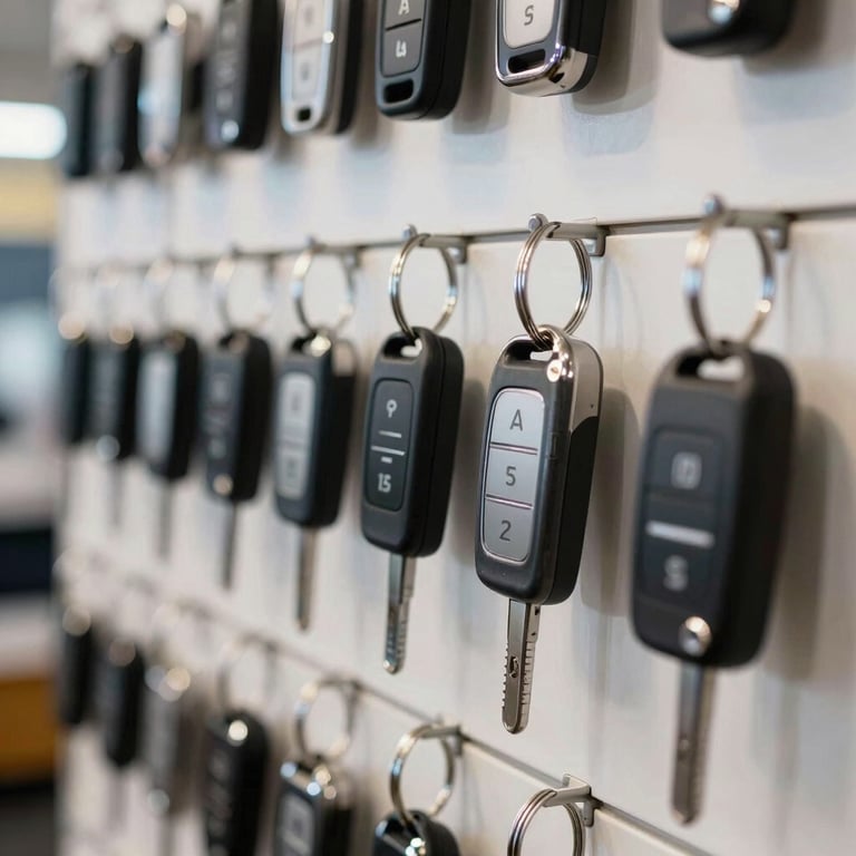 A row of modern car keys on a display board in a professional service shop.
