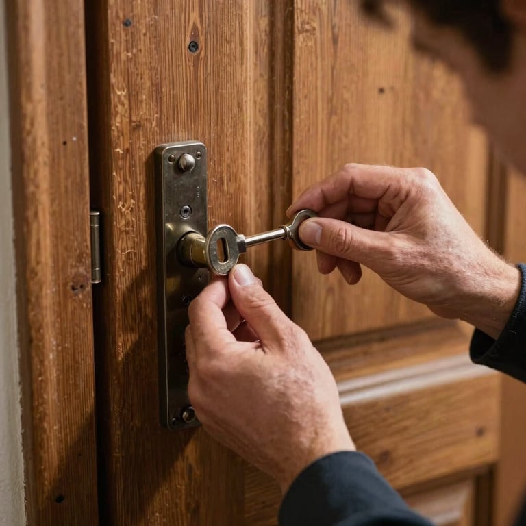 A craftsman testing a newly cut key in a heavy wooden door lock in Northern Europe.