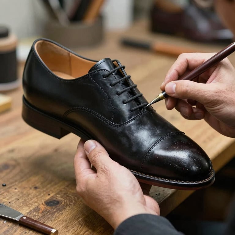 Close-up of a cobbler polishing a black leather dress shoe in a Swedish workshop.