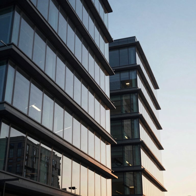 Abstract architectural lines of a contemporary steel and glass office structure against a clear morning sky.