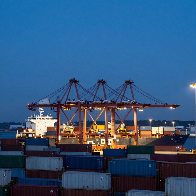 A deep blue twilight photo of a busy shipping port, representing global trade, infrastructure, and holdings.