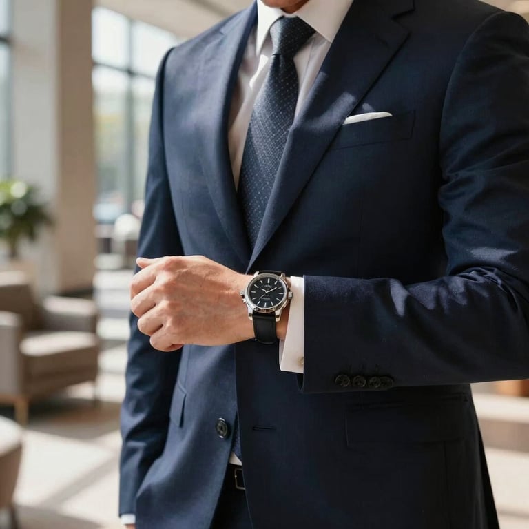 Detail of an executive in a tailored navy suit checking a high-end timepiece in a sunlit modern lobby.