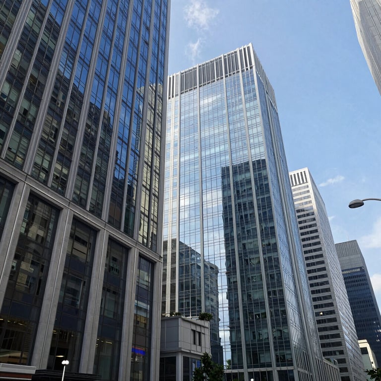 A wide shot of a modern financial center in the United States with clean glass facades and blue sky reflections.