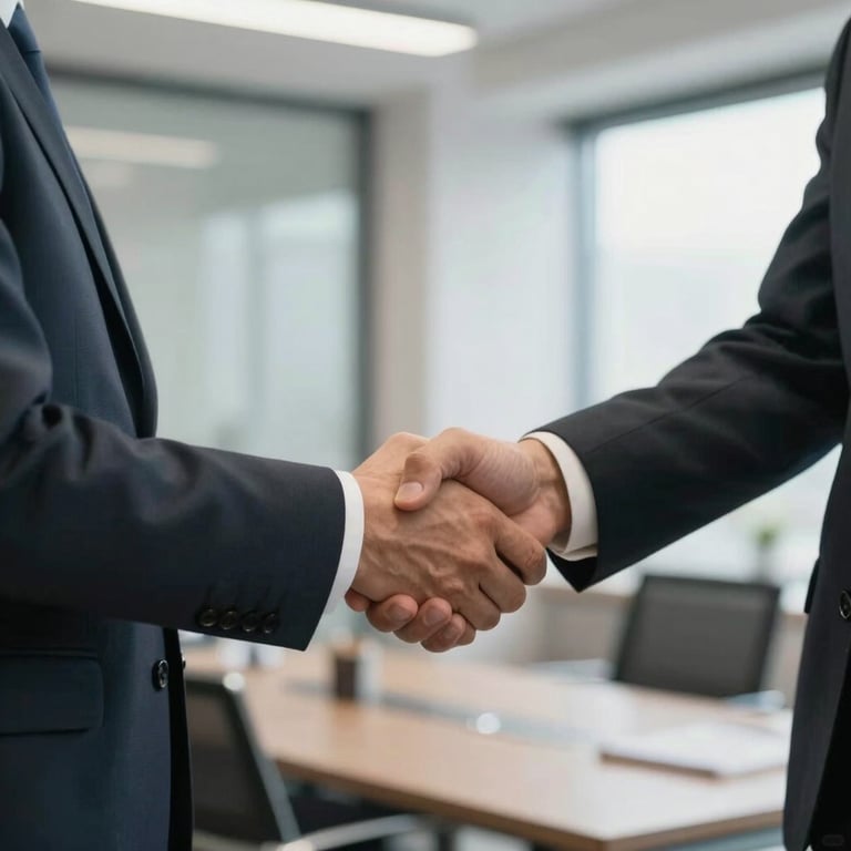 A firm, professional handshake between two business partners in a bright North American office environment.