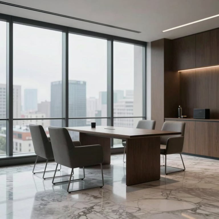 A quiet, luxury office interior with marble floors, minimalist furniture, and a large window showing a blurry metropolis.