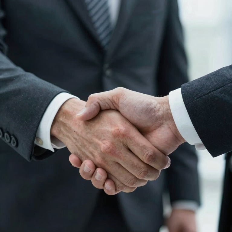 A close-up of a firm handshake between two professionals in formal business attire, representing trust and agreement.