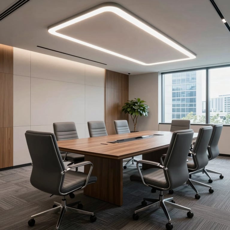 A sleek, modern conference room in a North American headquarters with professional lighting and comfortable business chairs.