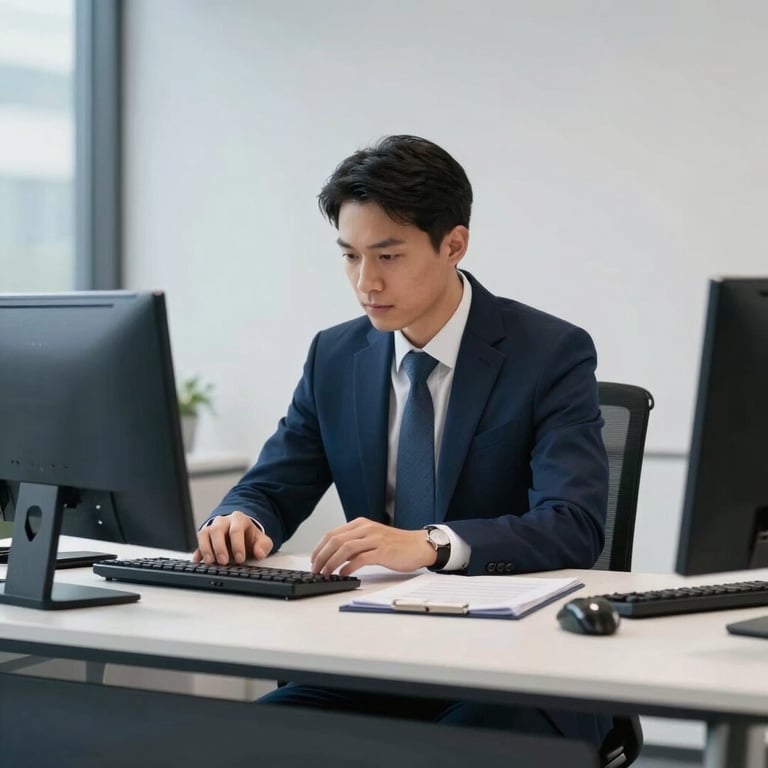 A focused financial advisor working at a clean, minimalist desk in a modern corporate setting with dark blue accents.