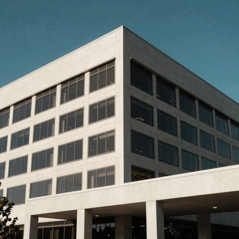 A modern office building in Spokane, Washington under a clear sky, showing clean architectural lines and off-white materials.