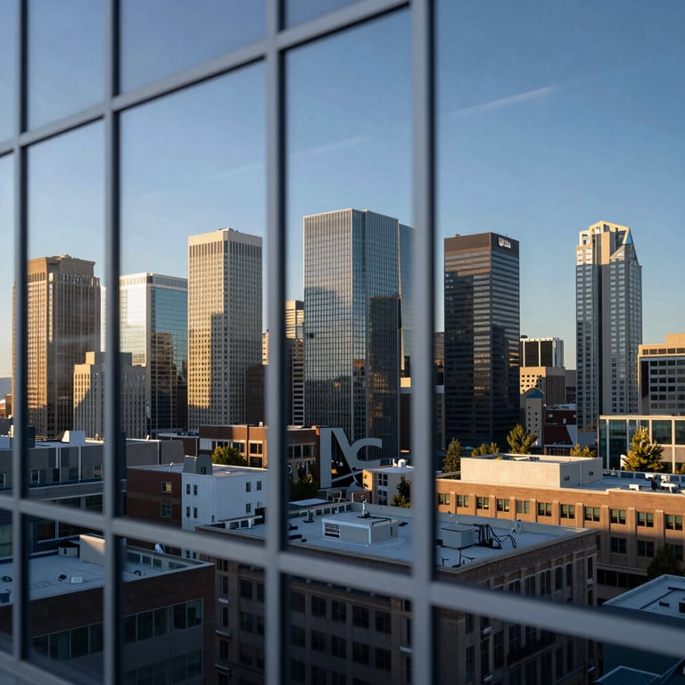 The Spokane city skyline viewed through the clean glass of a modern financial office, emphasizing local presence and professionalism.