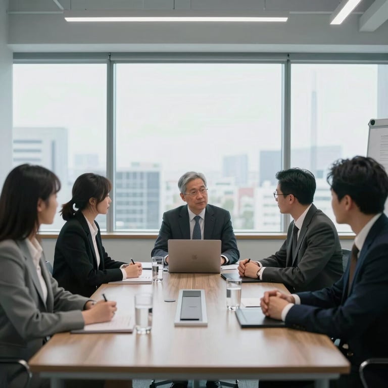A professional business meeting in a bright North American office space with large windows and a grey-blue color scheme.