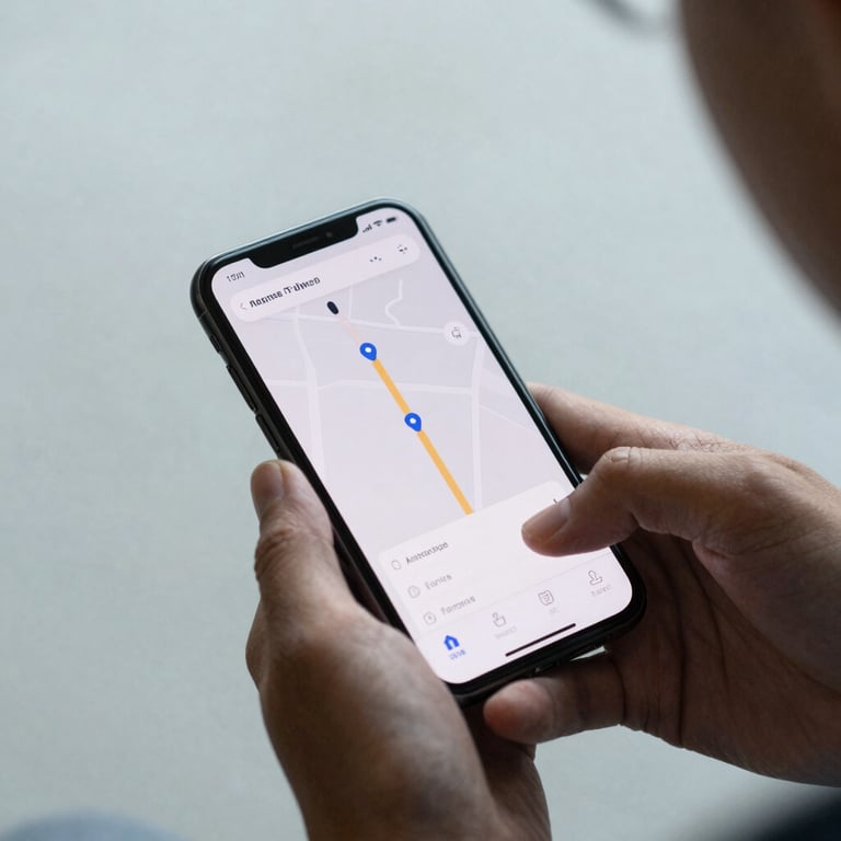 An overhead shot of a person using a smartphone to navigate a clean interface, set against a pale mist background.