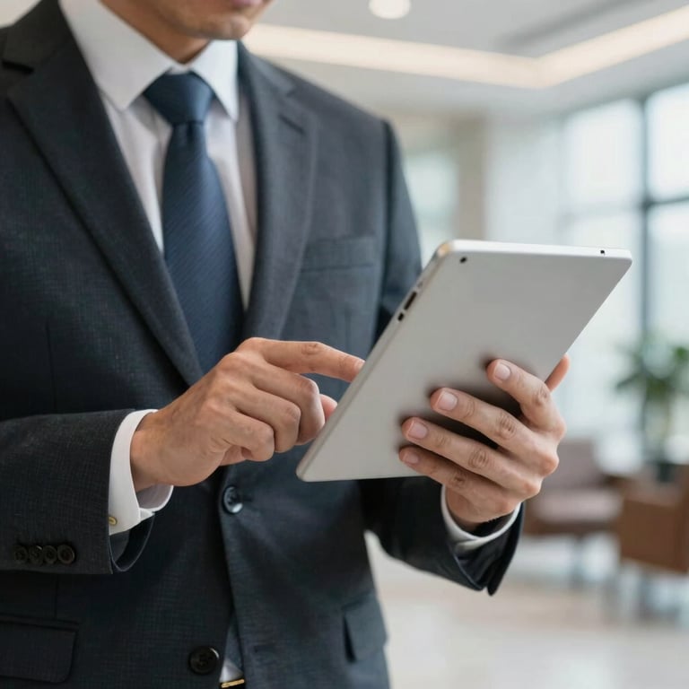 Close-up of a professional in business attire checking a tablet in a bright, airy corporate lobby in the US.