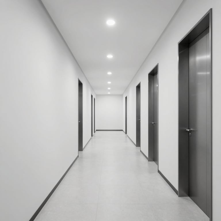 A clean, white hallway of a modern office space with soft lighting and professional steel gray accents.