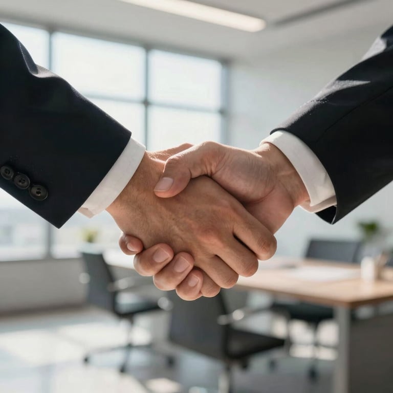 A detail shot of a professional handshake in a sunlit, modern office setting, conveying trust and partnership.
