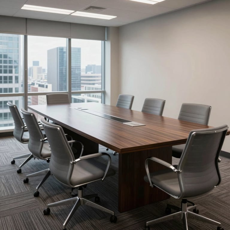 A neatly organized conference room with steel gray chairs and a large dark wood table in a modern North American high-rise.