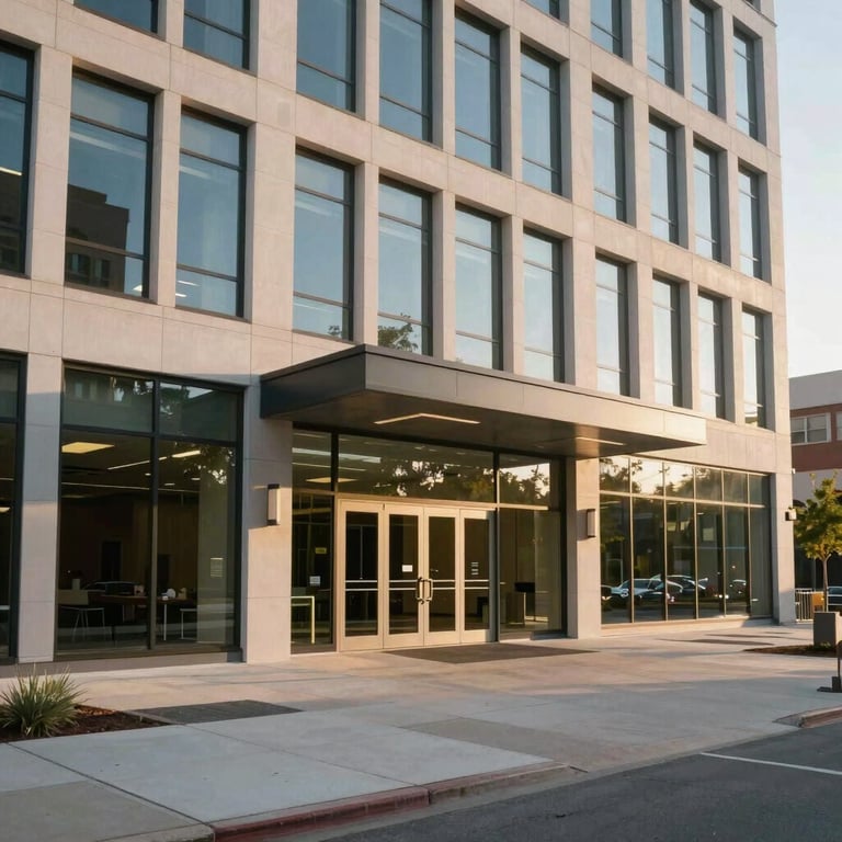 A wide shot of a contemporary North American office building entrance with large glass panels and clean lines during golden hour.