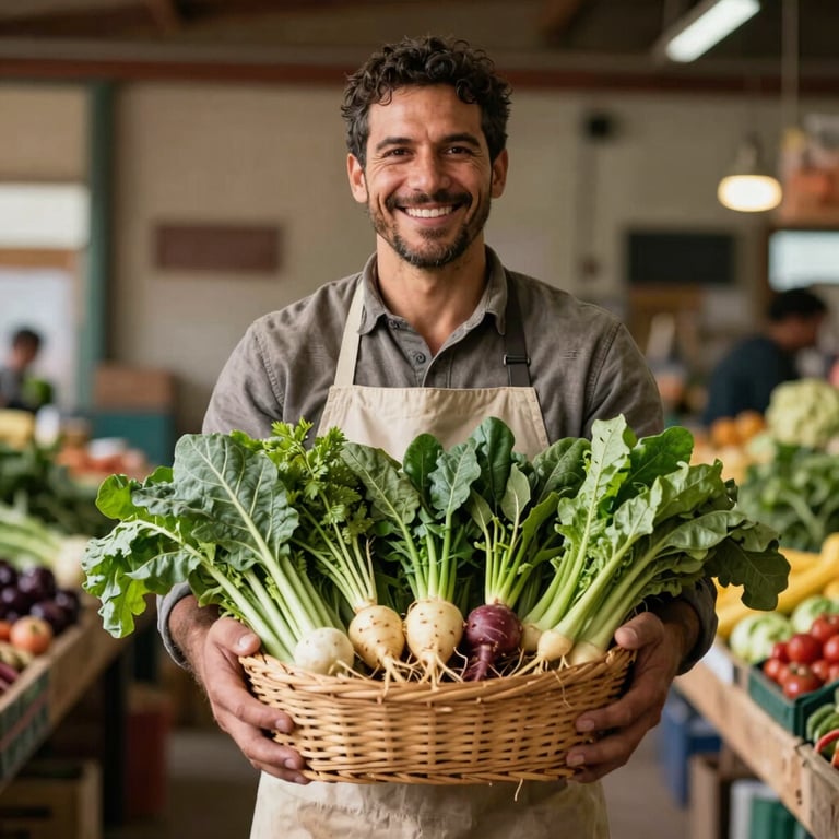 A smiling local farmer in a simple, stylish apron presenting a basket of freshly harvested organic greens and root vegetables inside a warm, rustic food market hall.