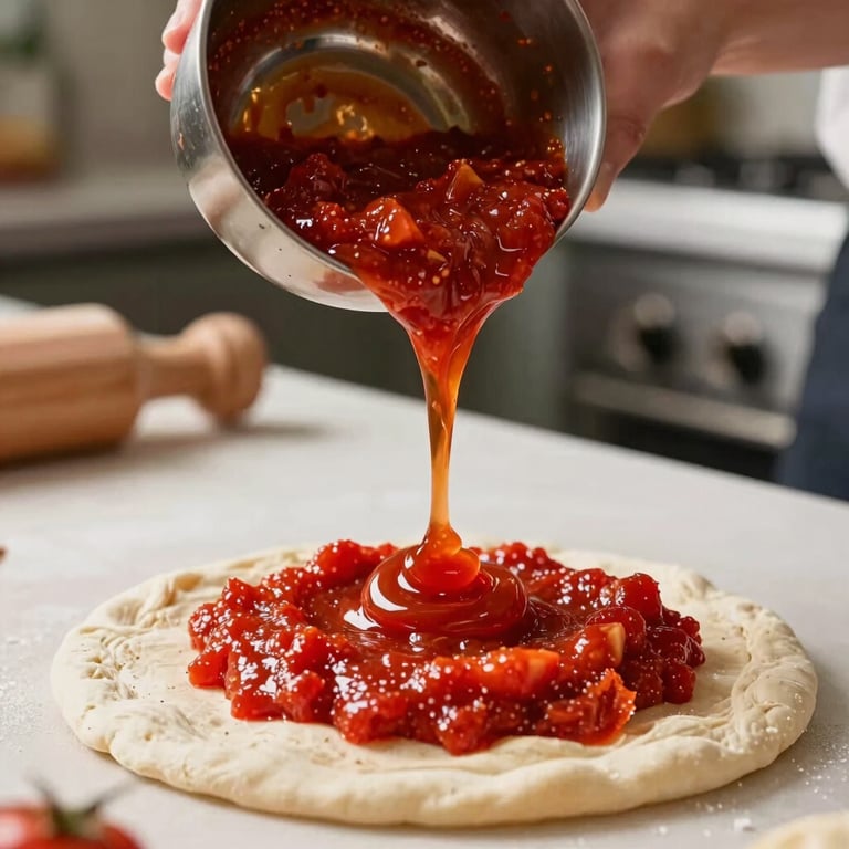 Close-up of hand-poured red tomato passata being ladled onto freshly rolled pizza dough, in a brightly lit kitchen with a focus on fresh, high-contrast, premium ingredients.