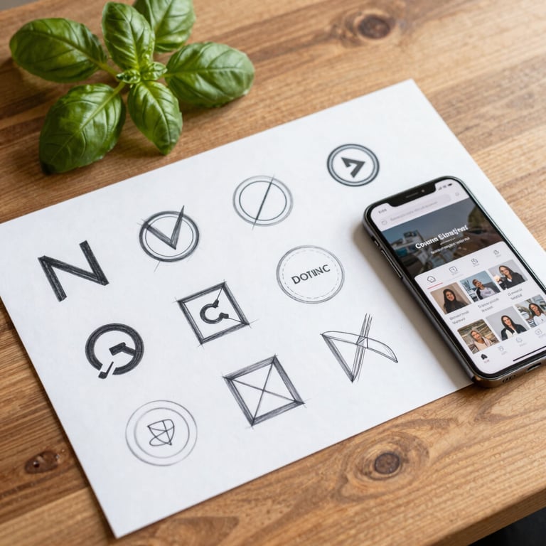 A flat-lay view of a digital strategy moodboard with sketches of modern logo ideas, fresh basil leaves, and a smartphone showing an active social media feed, on a warm wooden desk.