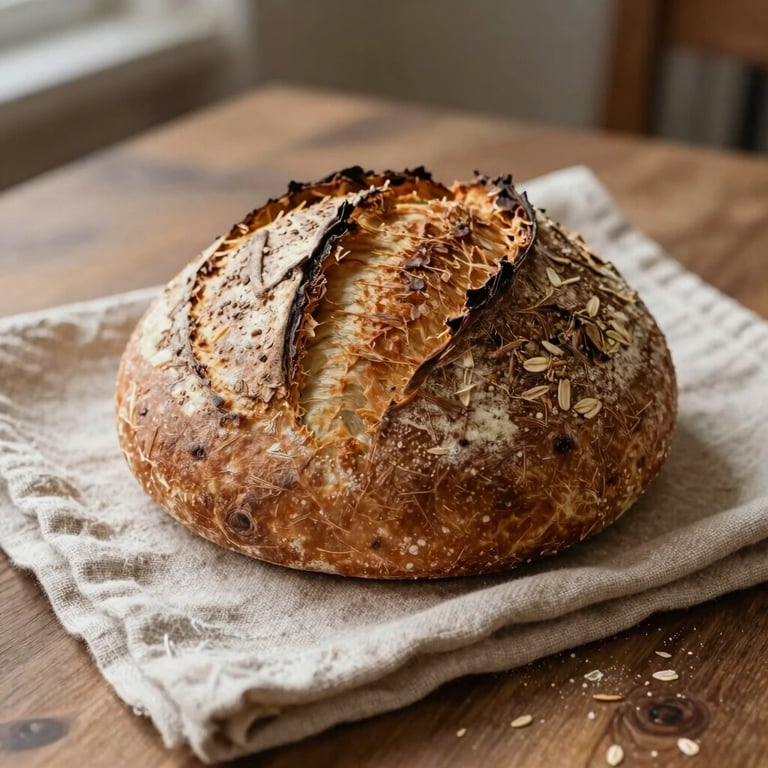 Close-up of a rustic, hand-baked sourdough loaf sitting on a clean, light oatmeal-colored linen towel inside a cozy Northern European cafe. Soft morning side-light.