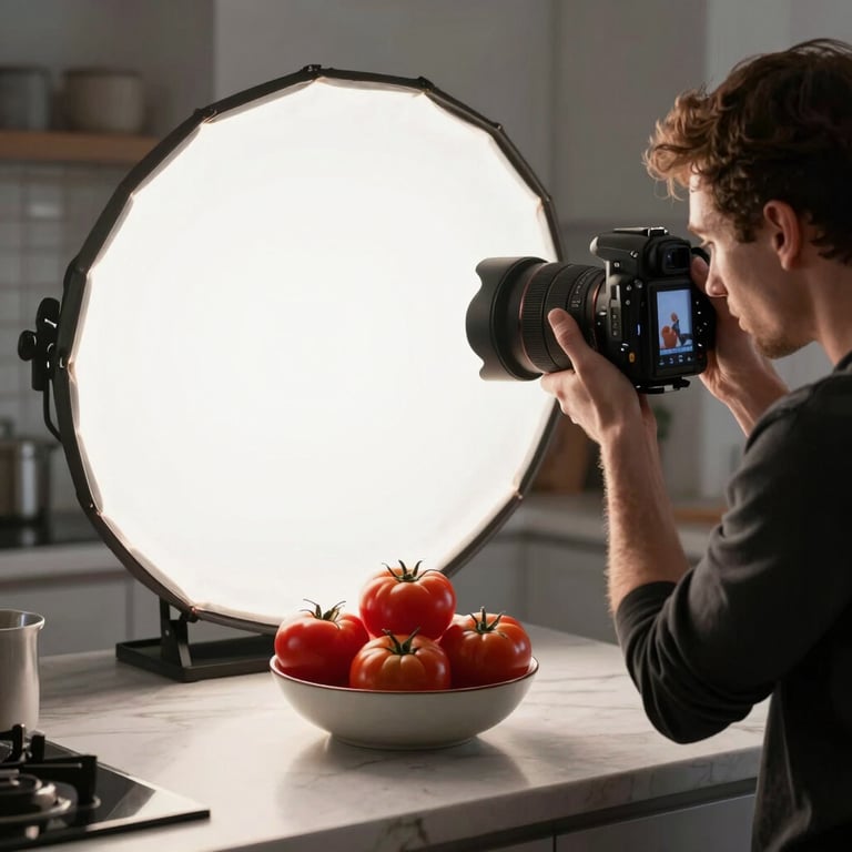 Behind-the-scenes shot of a professional photographer using a reflector to illuminate a bowl of vibrant, fresh red heirloom tomatoes in a Scandinavian-influenced kitchen studio.